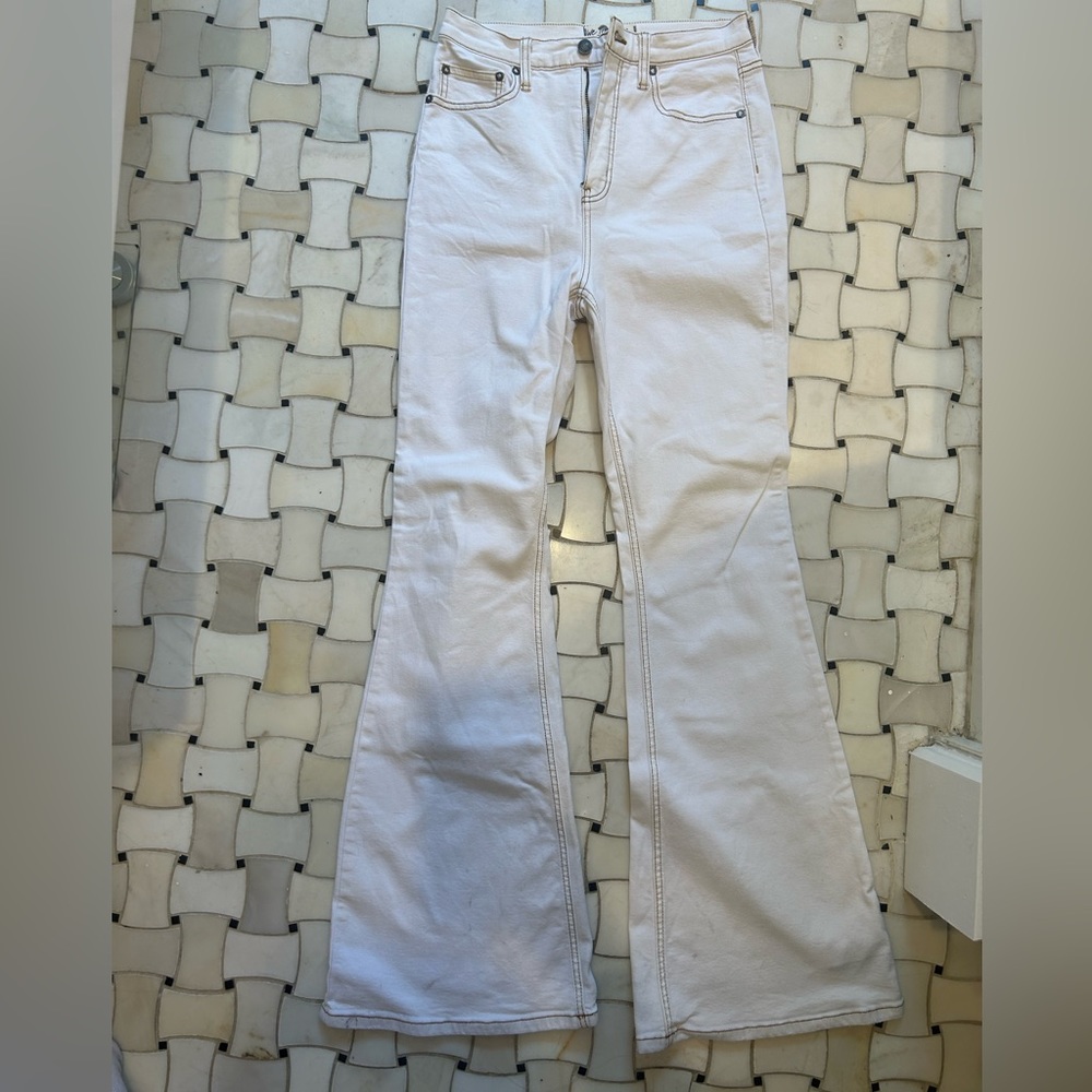 Free People White Denim Bellbottoms Contrast Stitch